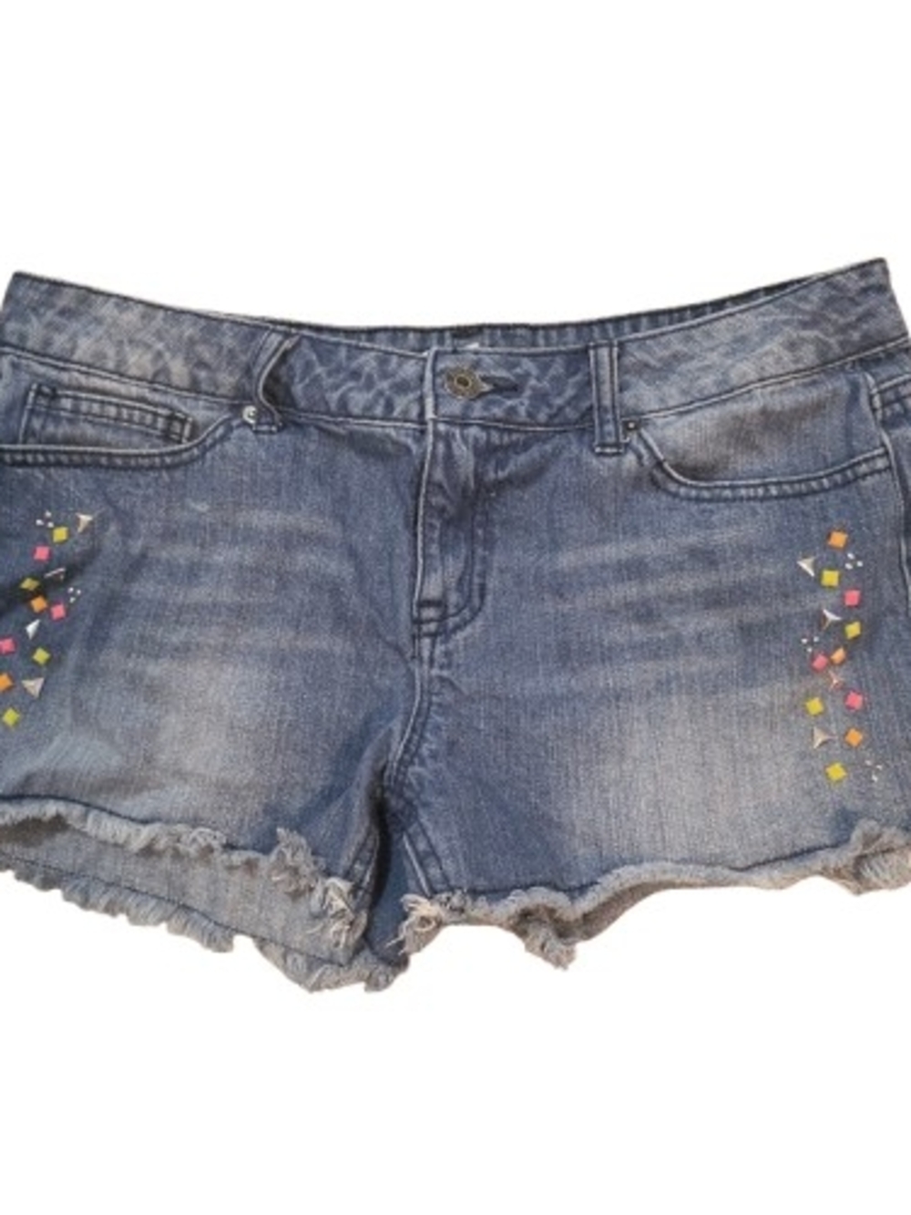 BONGO JUNIORS size 7 Blue Denim Shorts with Colorful Studs DISTRESSED